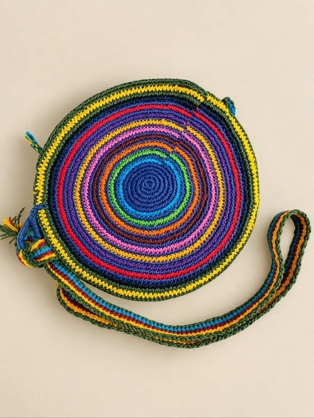 Round Crochet Crossbody Purse Rainbow Bag Fringe Zippered Boho Festival Artisan - Picture 2 of 8